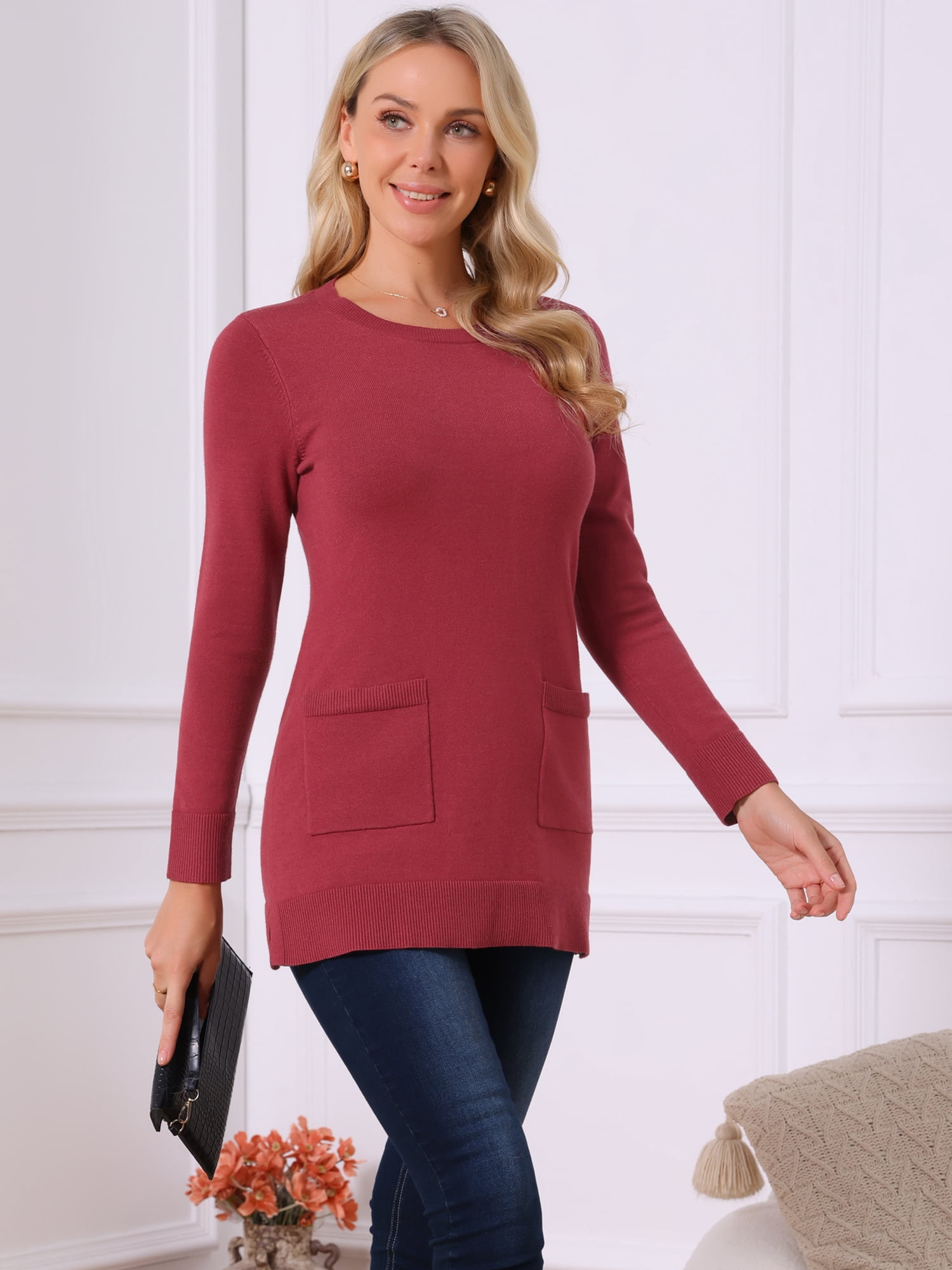 DARING DIVA Pullover Sweater Long Sleeve Crewneck Knit Tops S Dark Red
