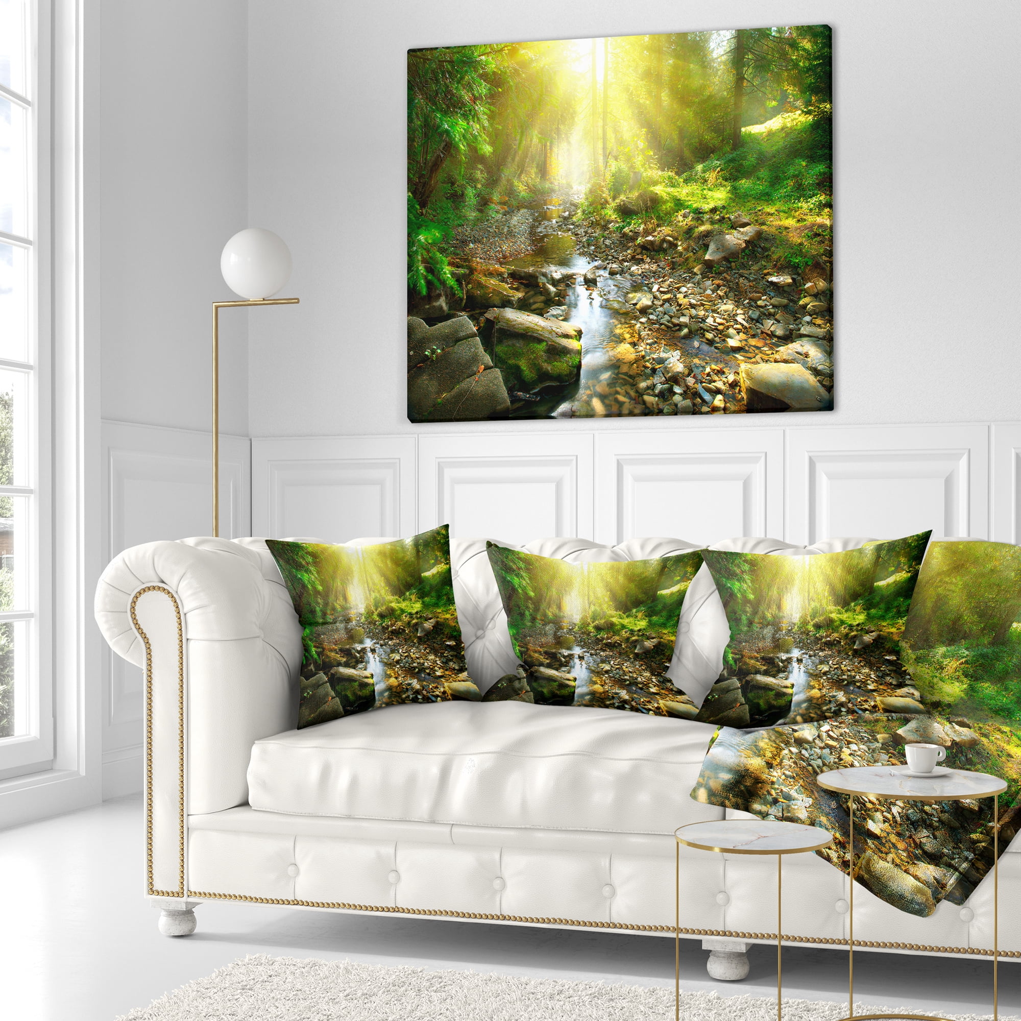 Designart Mountain Stream in Forest - Landscape Photography Throw Pillow - 16x16