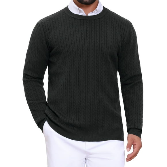 SUÉTER DE PULLOVER DE PUNTO TEXTURIZADO EN ESPIRAL PARA HOMBRES, AJUSTE DELGADO, CUELLO REDONDO, MANGA LARGA, TAMAÑO S, NEGRO