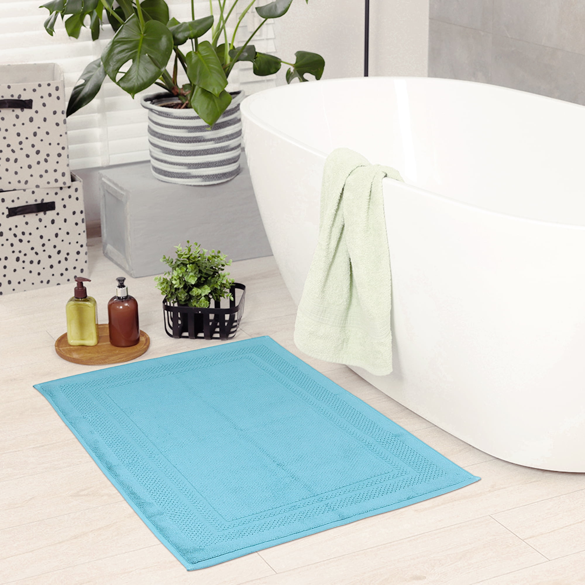 Unique Bargains Washable Cotton Bath Rugs Quick Dry Floor Carpet Shower Mat Blue