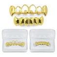 thumbnail image 3 of Gold Color Plated Hip Hop Teeth Hollow Fang Top &amp; Solid Fangs Bottom Grillz Set Vampire Grills Sets BLD, 3 of 7