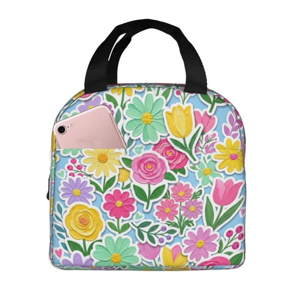Boho Floral Lunch Bag Colorful Flower Reusable Lunch Box Large Portable Insulated Cooler Tote Bag For Women Men Work Travel Picnic