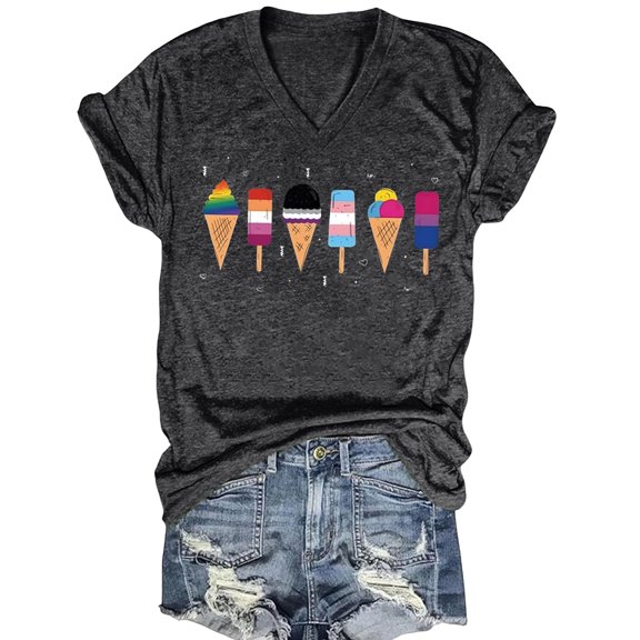 Trendfront Womens Ice Cream Graphic T Shirts V Neck Short Sleeve Dessert Print Casual Summer Tee Tops