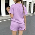 thumbnail image 4 of Girls Outfit Set 2-Piece, Comfortable Short Sleeve Tee & Elastic Waist Shorts with Bow & Pocket, Breathable Play Clothes for Kids Kids, Lavender,Size 9-10T, 4 of 6