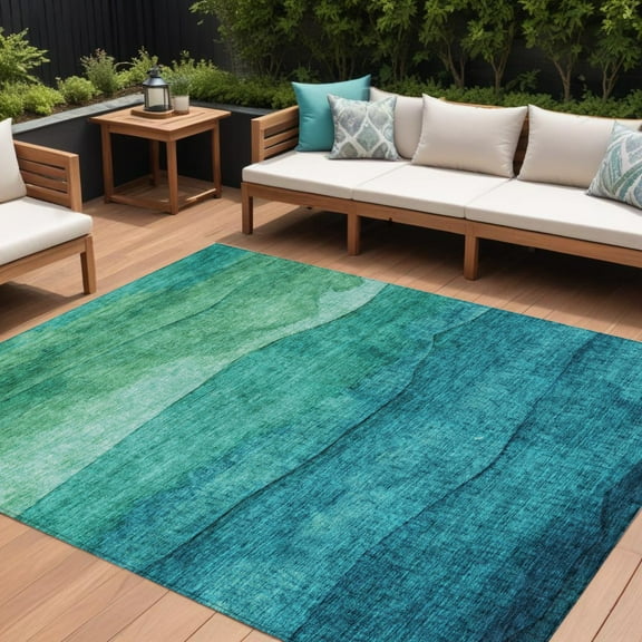 HomeRoots 618164 9 x 12 ft. Teal Blue & Green Abstract Washable Indoor & Outdoor Rectangle Area Rug