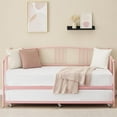 thumbnail image 3 of Twin Metal Daybed with Trundle, Pullout Trundle Bed Frame with Arched Headboard, Guest Sofa Bed with Steel Slat Support, No Box Spring Required, Easy Assembly, Pink, 3 of 6