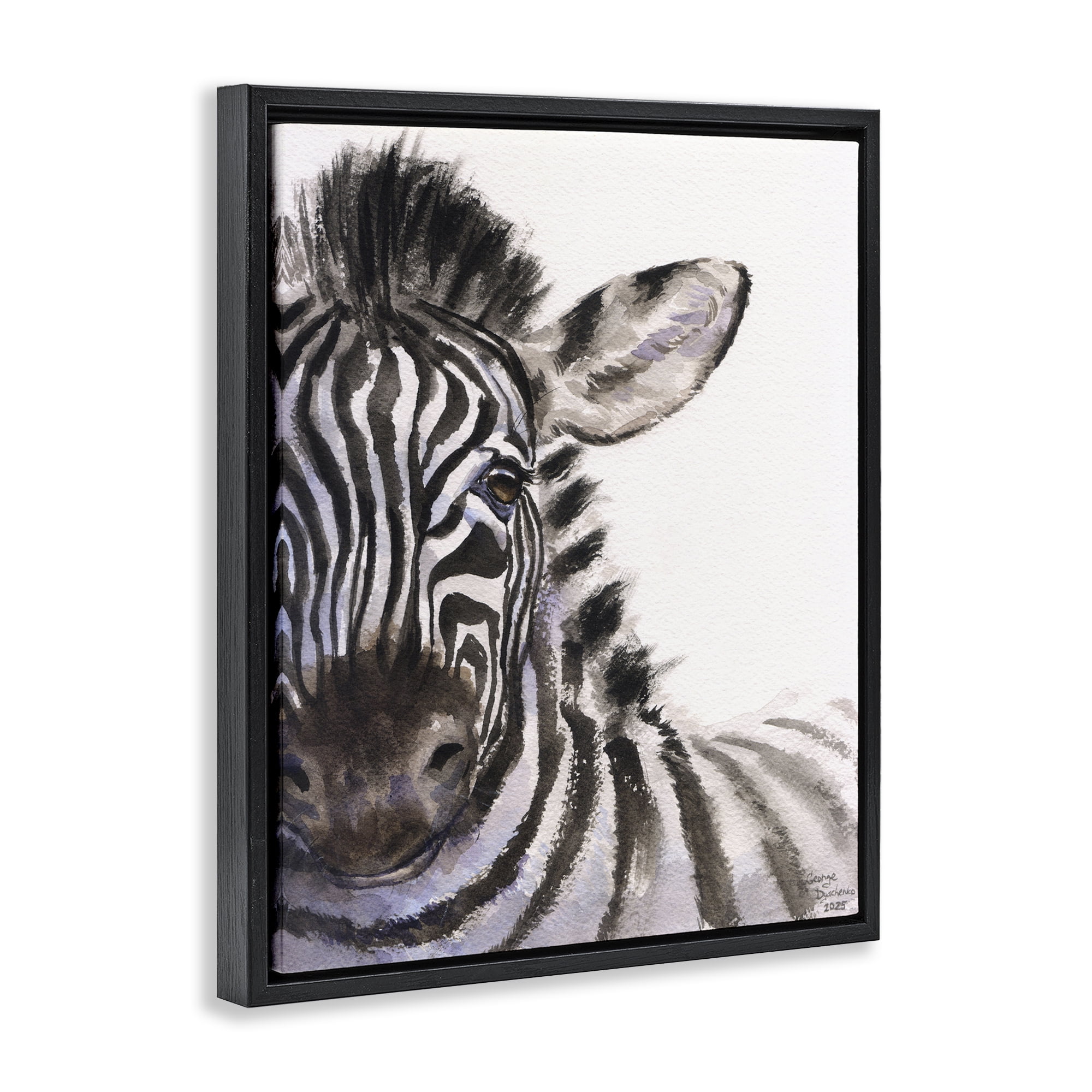Stupell Industries Zebra Portrait on White Black Framed Floater Canvas Wall Art, design by George Dyachenko