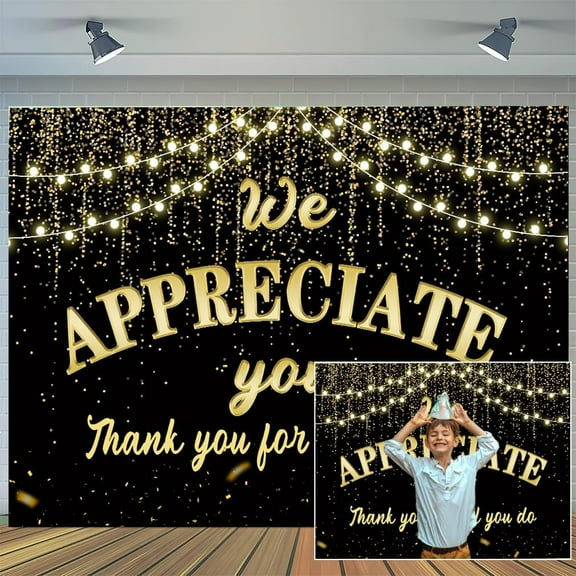 5 x 3 ft We Appreciate You Backdrop,Thank You for All You Do Black Golden Glitter Banner, Thankful Nurse Teacher Staff Veterans Appreciation Party Photography Decorations Supplies Background