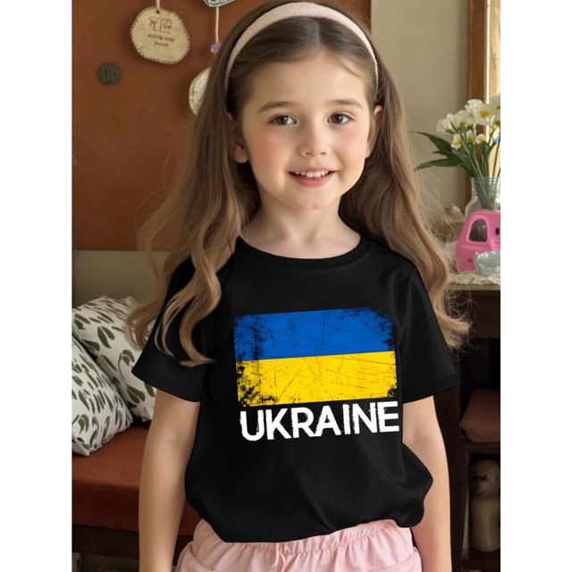 Camiseta holgada informal para niña - 100 % algodón, suave y transpirable, con estampado de la bandera de Ucrania y letras en inglés. Cuello redondo deportivo con puños acanalados. Lavar a mano solo