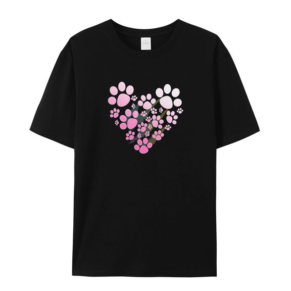 Women's Graphic T-Shirt Tops Black XL Love Paw Prints Heart Pink Women's Tops Crew Neck Short Sleeve Tees