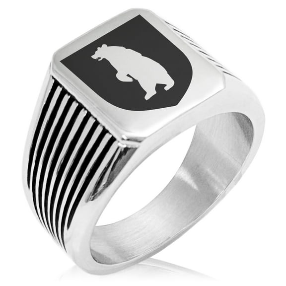 Stainless Steel Bear Ferocity Coat of Arms Shield Needle Stripe Pattern Biker Style Polished Ring