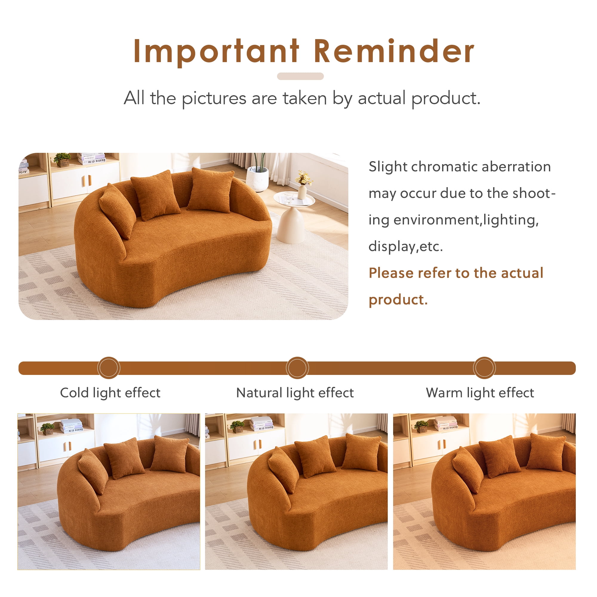 Lunale 66" Curved Sofa, 2 Seater Chenille Boneless Couch for Living Room, Orange