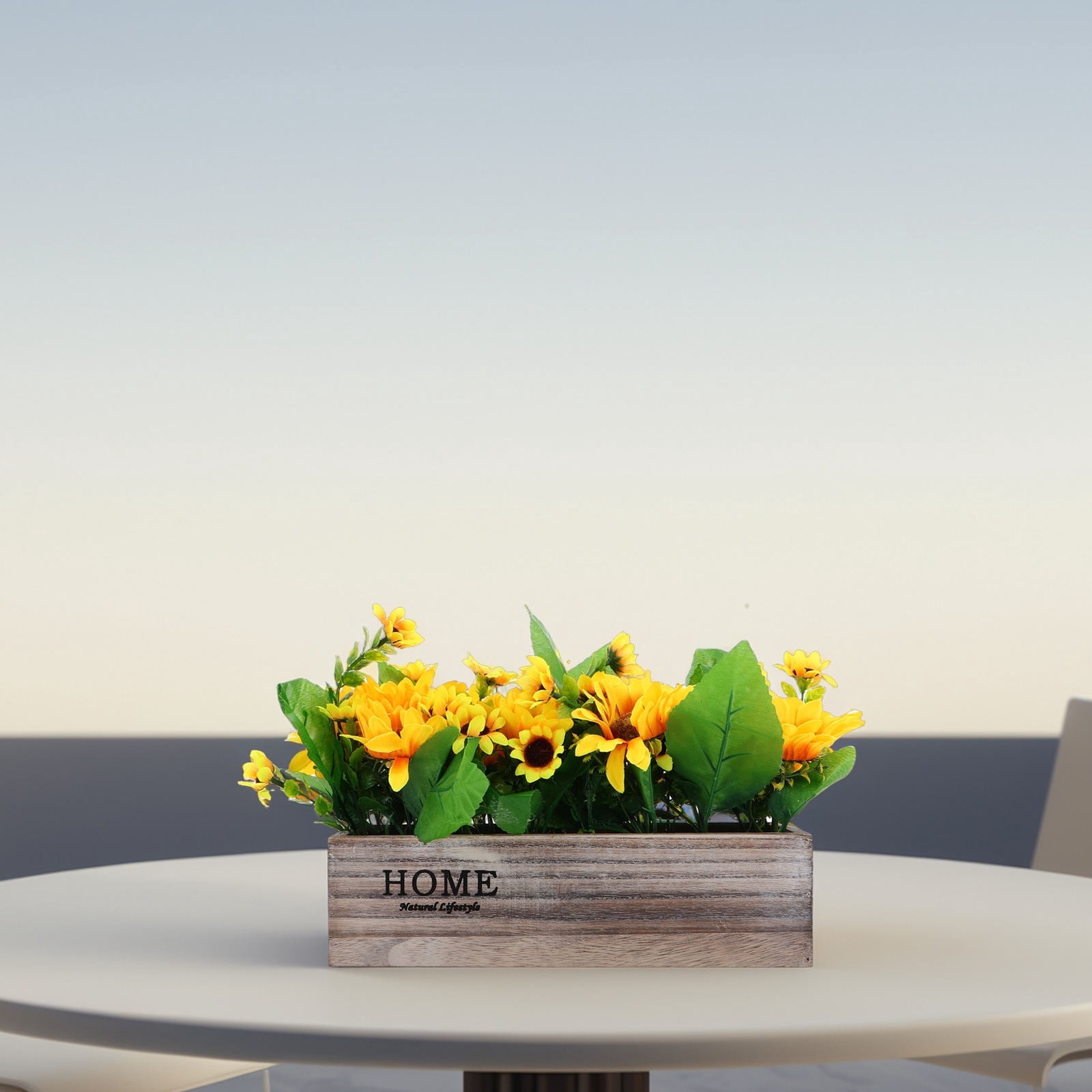 Rustic Sunflowers Potted Plant Artificial Flowers Bouquets In Rectangular Wooden Planter Summer Floral Centerpiece For Farmhouse Kitchen Country Table Decor