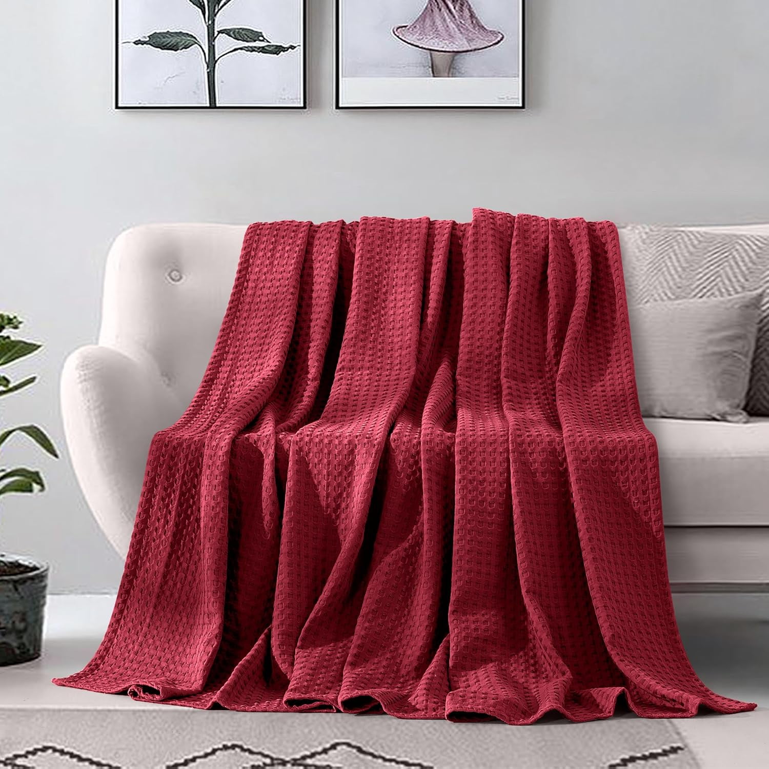 Elegant Comfort Cotton Waffle Blanket, Lightweight All-Season Bed Blanket,King Size 90x108 Inches, Burgundy