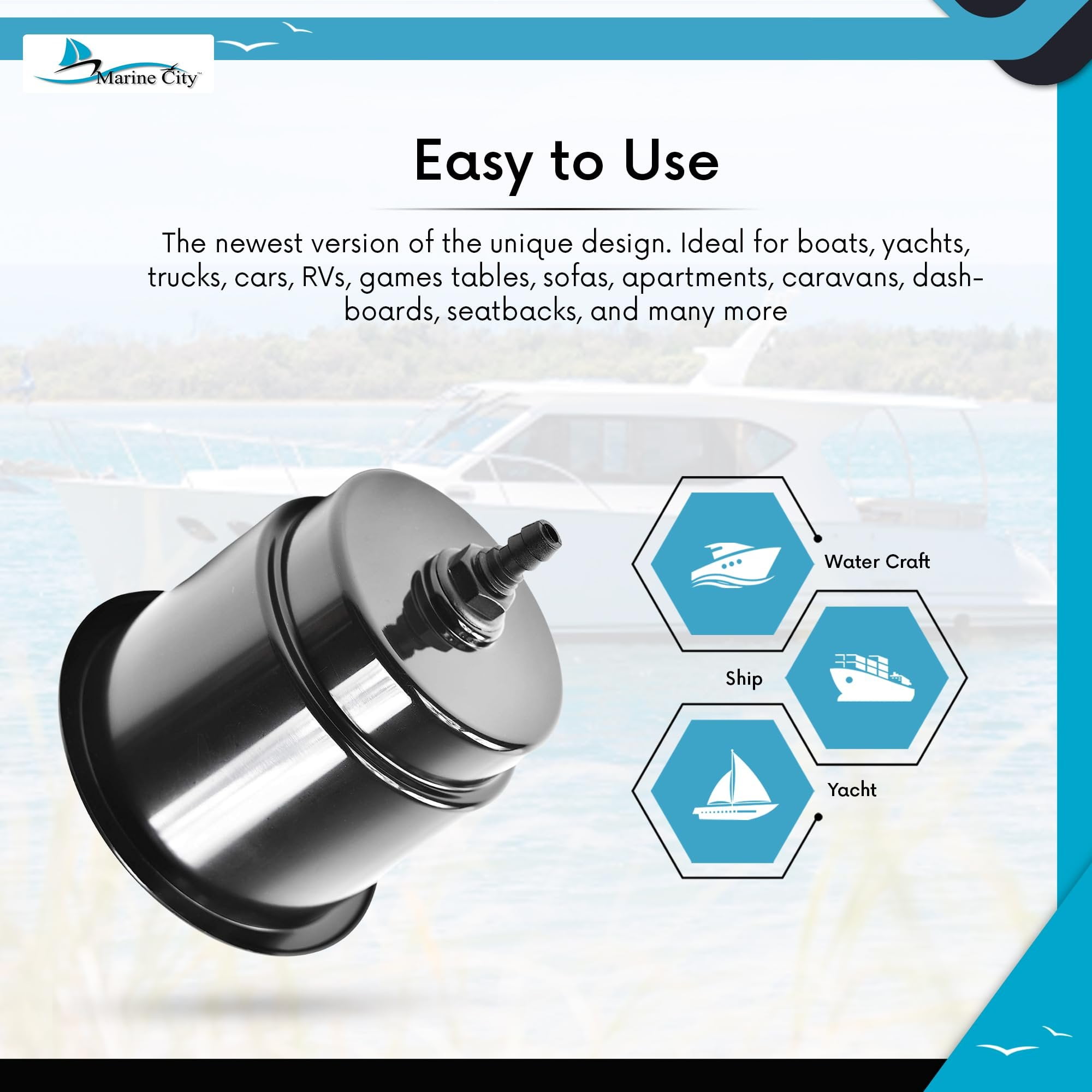 Marine City Cup Holder with Closeable Drain, Durable Polypropylene Plastic, Fits 30 oz Tumbler, for Boats RVs Yachts Kayaks Ships Marines, 2-Pack
