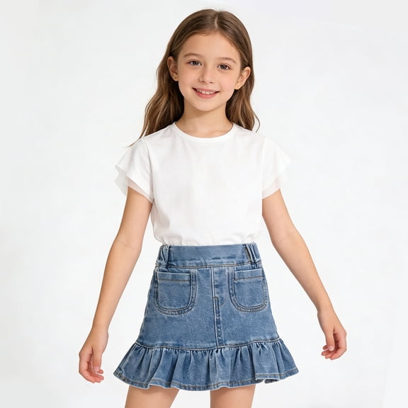 Girls Denim Skirt Size 3-4Y Casual Mini Skirts with Pleated Hem A Line Stretch Waistband Versatile Daily Kids Jeans Skirt