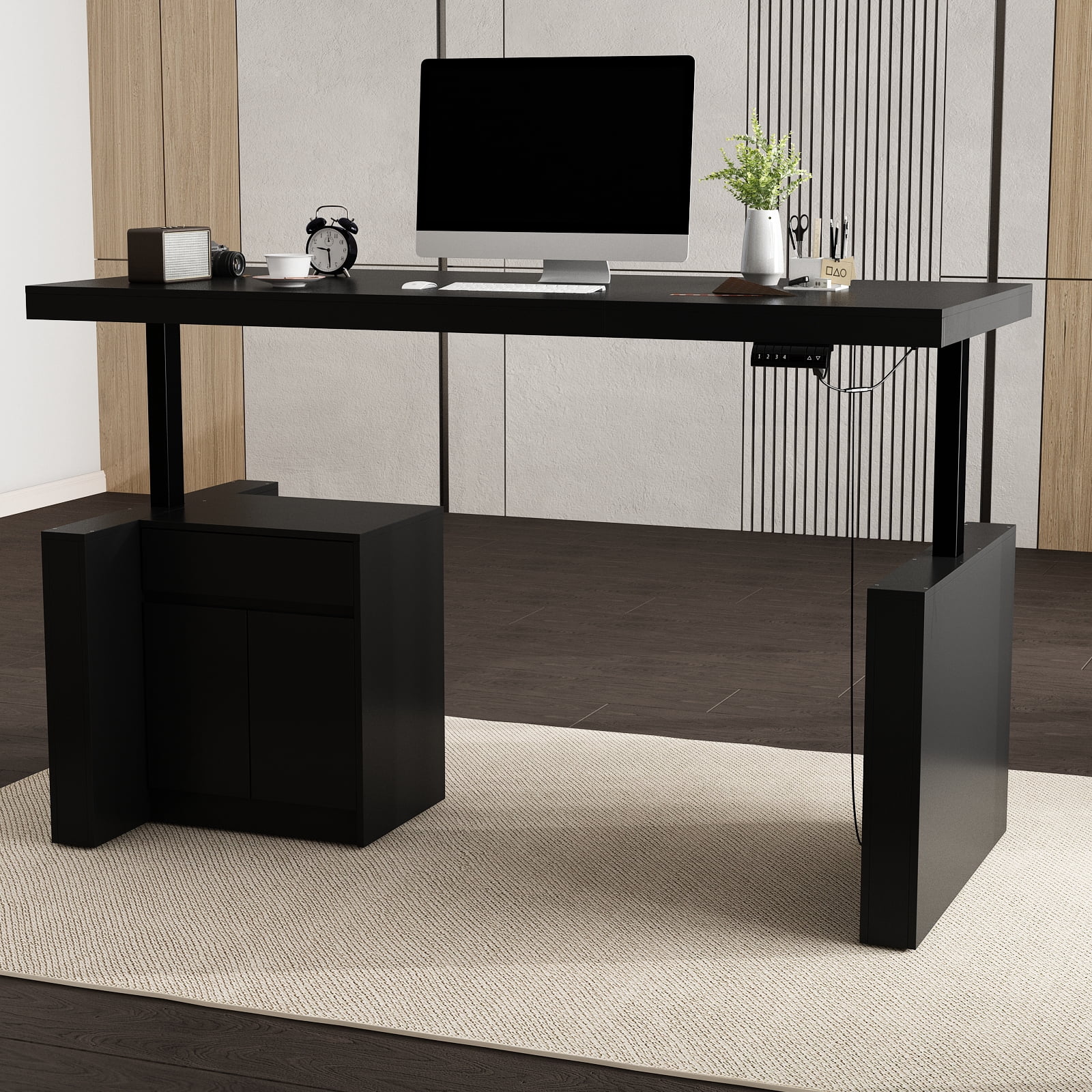 KULAGAGA Home Office Electric Standing Desk with Drawer and Cabinet, Height Adjustable Stand up Desk, 70.9" Computer Executive Corner Table, Black