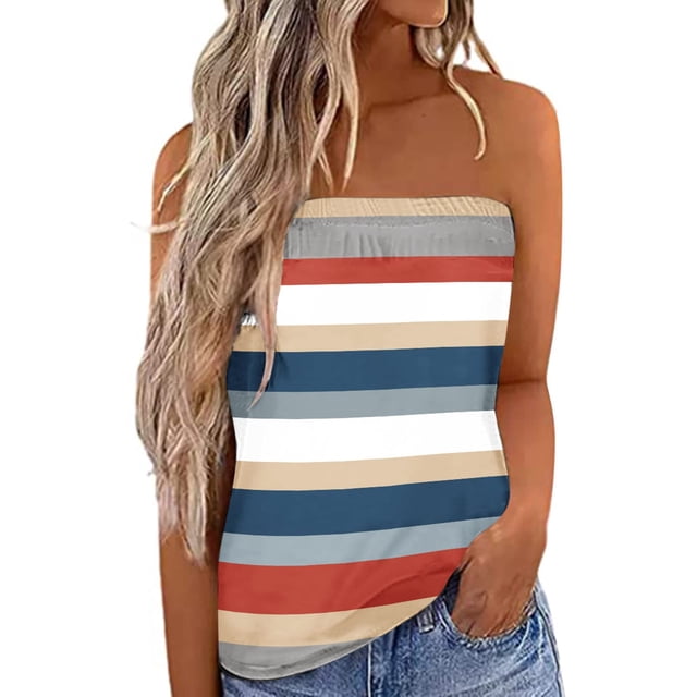 DPTALR Strapless Bandeau Tank Top For Women Summer Striped Pattern Tube Tops Casual Off Shoulder Holiday Blouse Top