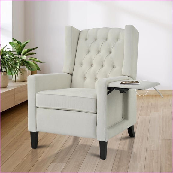Recliners for Living Room, Modern Wingback Pushback Recliner with Foldable Side Table & USB Ports, Beige Polyester | Solid Wood Frame