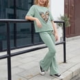 thumbnail image 6 of KVPLBQFD Girls Summer 2 Piece Outfit Heart Embellished Short Sleeve Top + Stretchy Flared Pants Set for Teens Girl Fashion Vacation Travel Clothes, 6 of 7