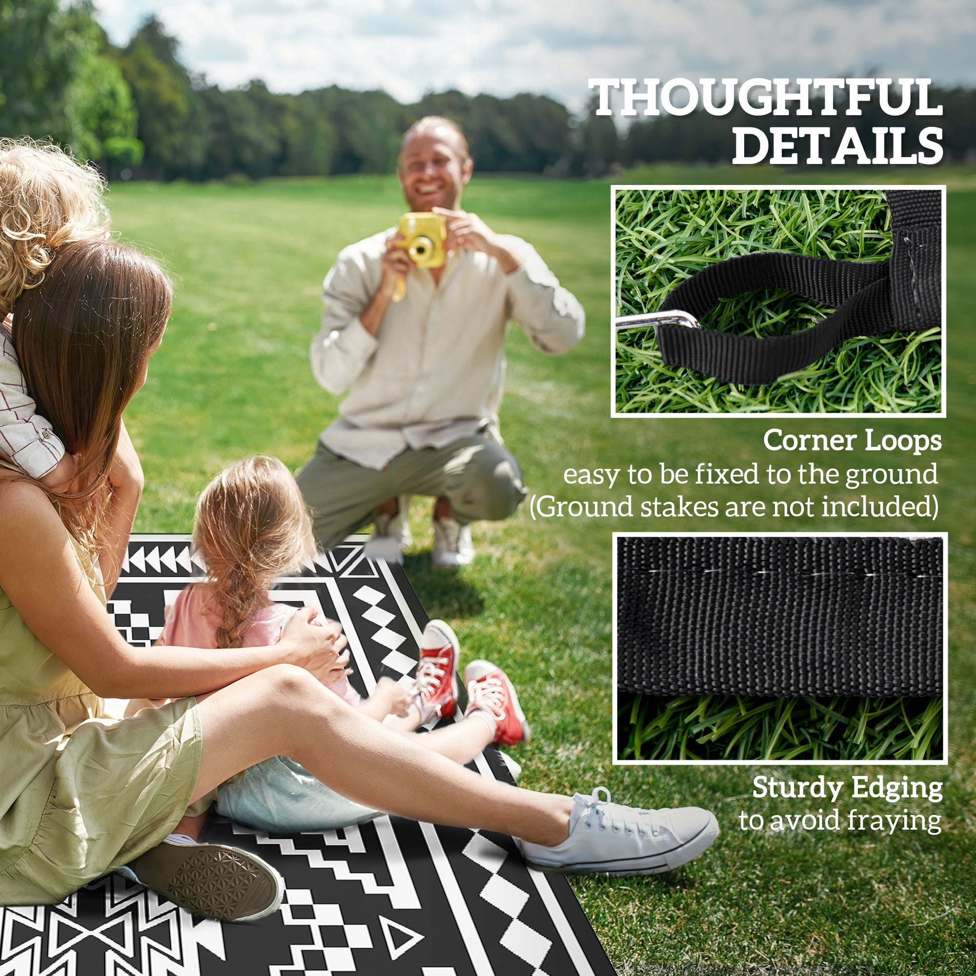 Outsunny Outdoor Patio Rug, Large Camping Carpet with Carrying Bag, 9' x 18' Waterproof Plastic Straw, Reversible, Black & White Square Patchwork