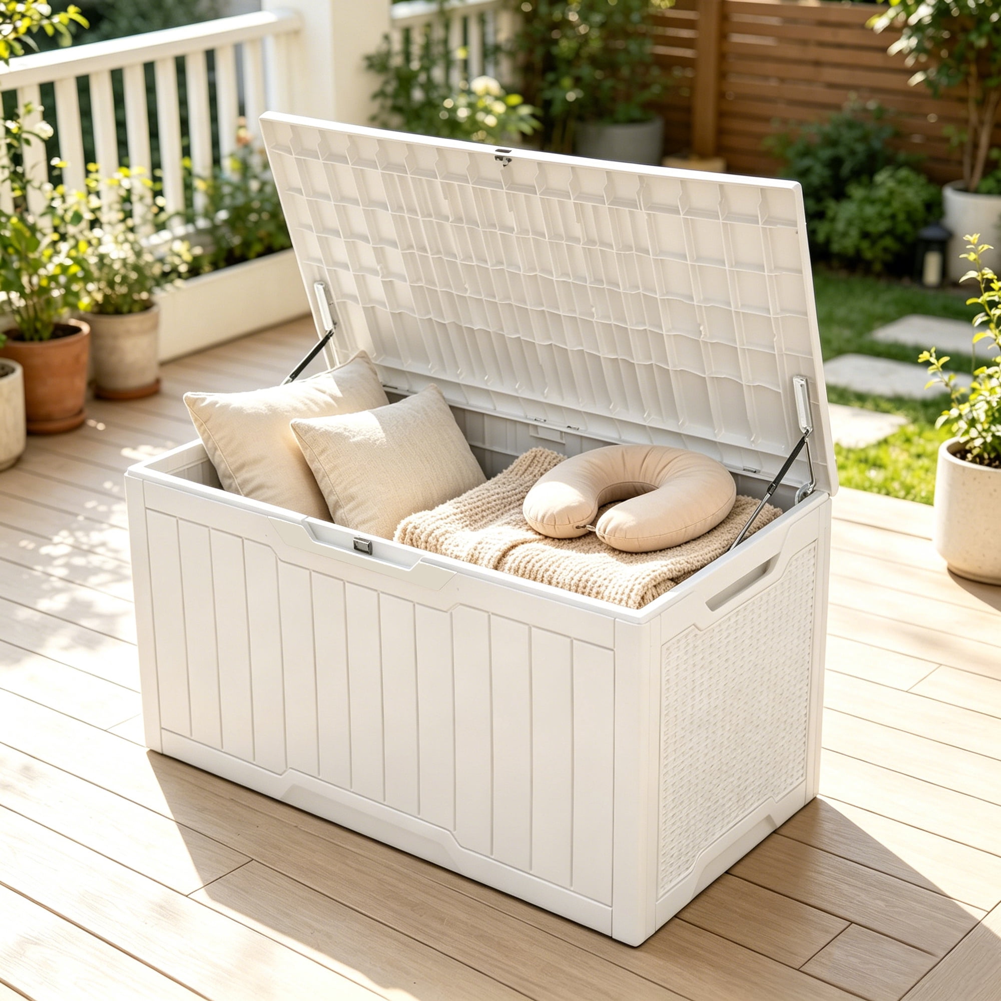 Uforic 100 Gallon Deck Box, Lockable Waterproof Resin Outdoor Storage Bin, White