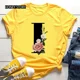 thumbnail image 3 of Venta caliente de flores de gran tamaño 26 letras en inglés negro moda tendencia estampado hombres y mujeres Casual camiseta amarilla de manga corta, 3 of 5
