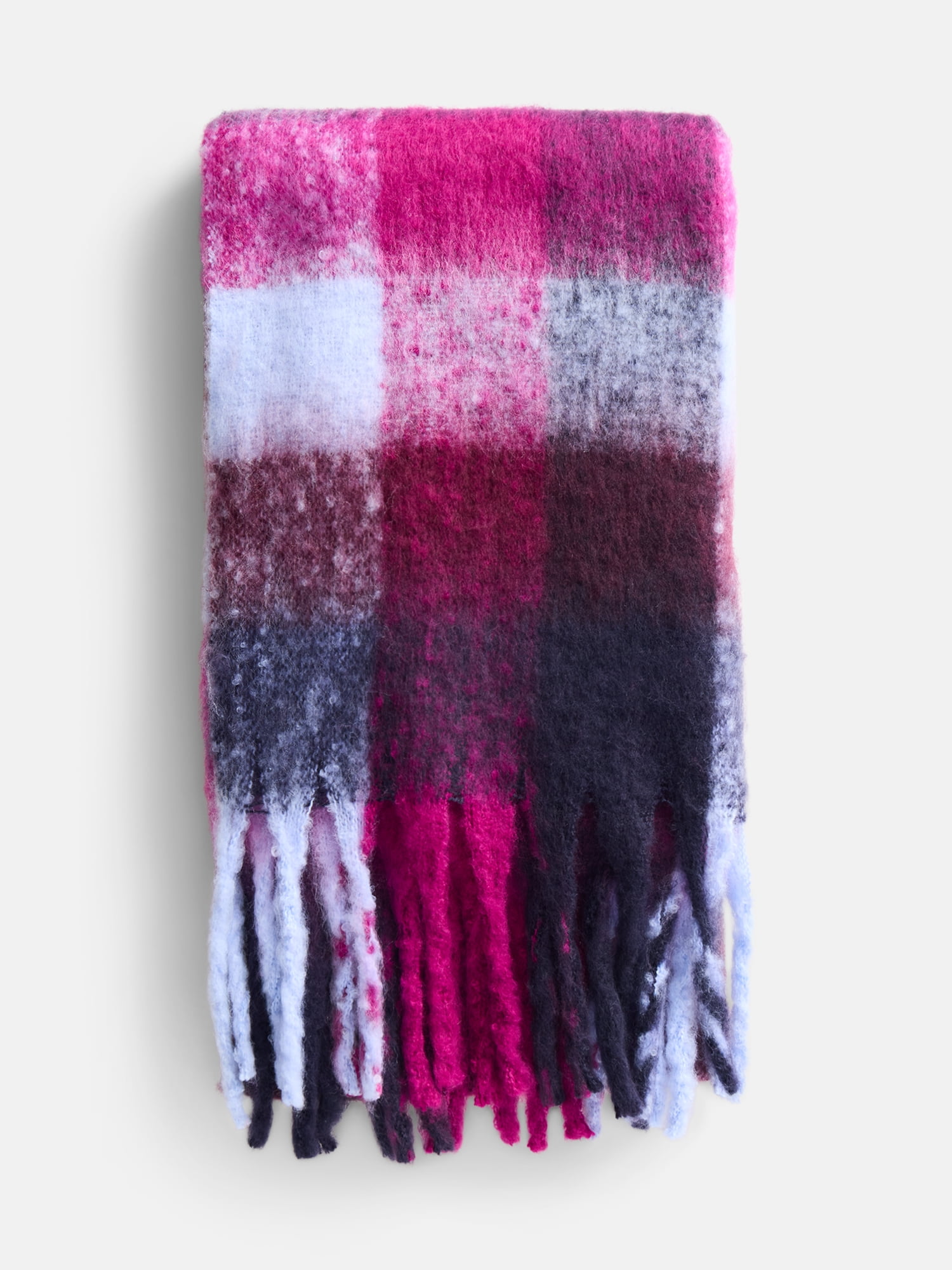 Scenario Women's Square Plaid Scarf with Fringe Trim