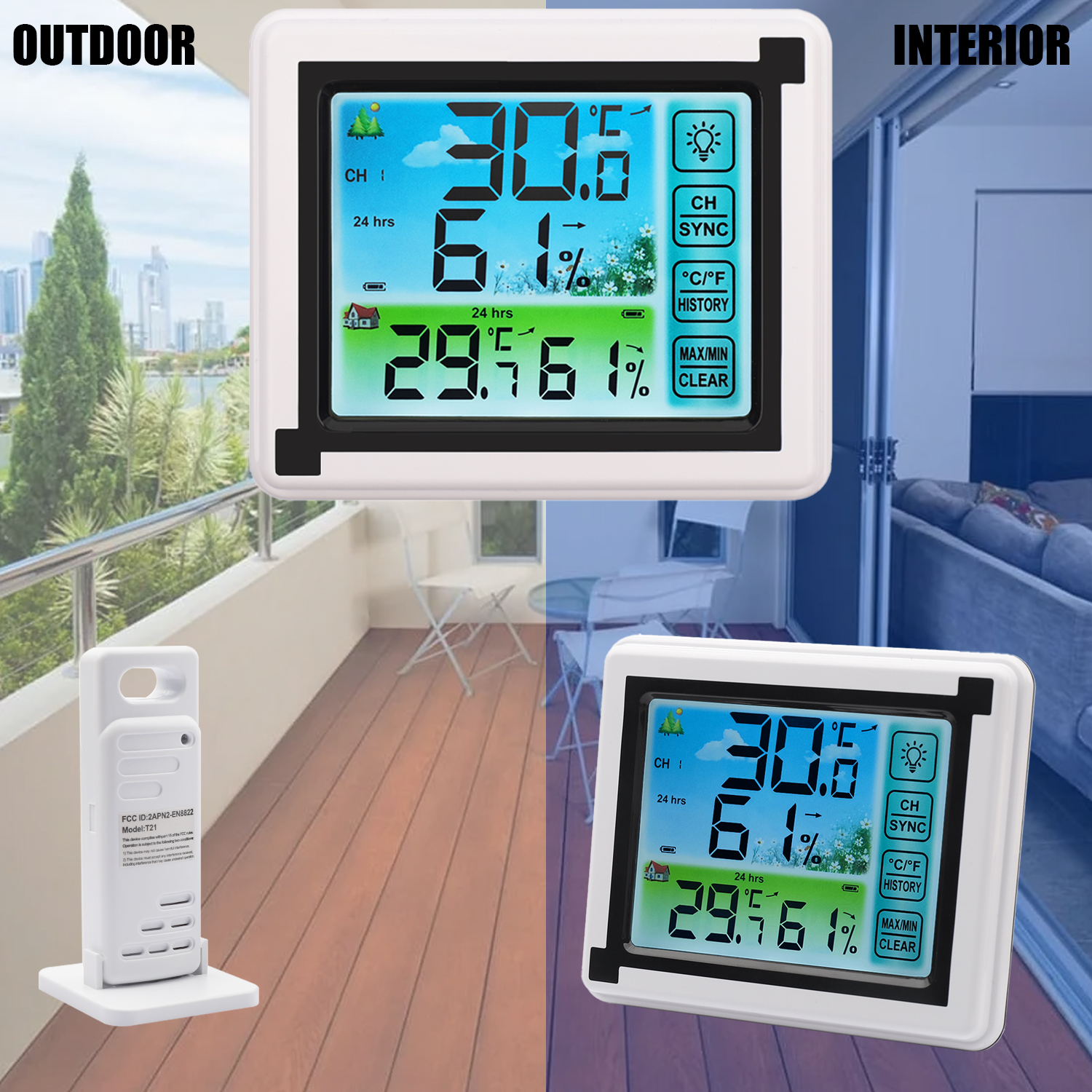 ASKITO Weather Station Wireless Indoor Outdoor Thermometer, Color LCD Display Digital Thermometer Humidity Monitor for Home, White