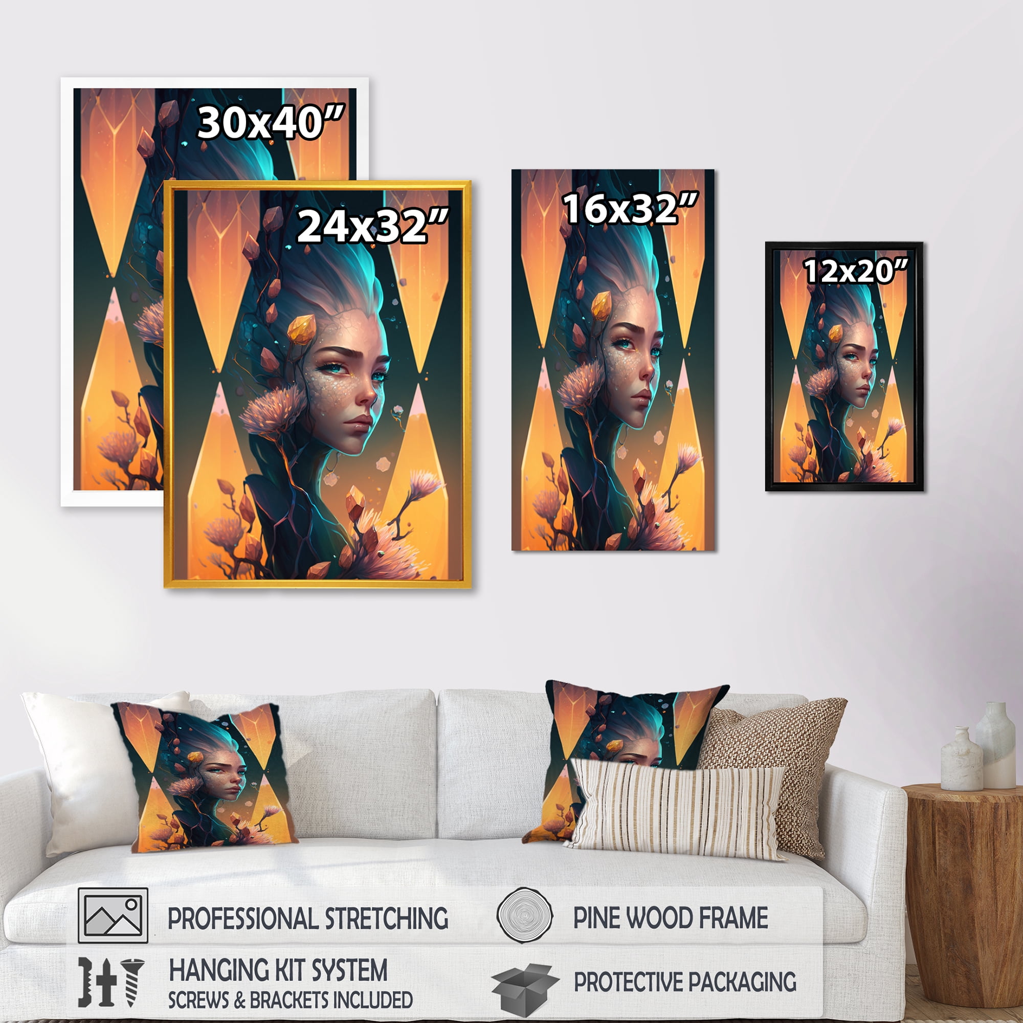 Designart Woman Portrait With Flowers 5 Hexagon Canvas Wall Art