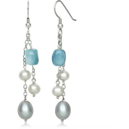Baroque Milky Aquamarine and Cultured Freshwater Pearl Sterling Silver Drop Earrings