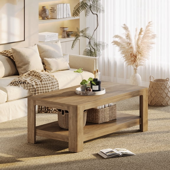 Finmind Coffee Table, 2-Tier Center Table with Storage, 47.24 Inch Rectangle Living Room Tables for Home, Office, Bedroom, Wood Color