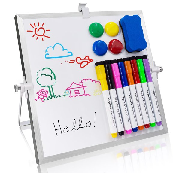 Dry Erase White Board Kit, Portable Double-Sided Magnetic Whiteboard Easel for School and To Do List Memo ,10*10in