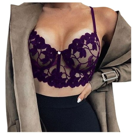 

BIZIZA Lace Bralettes for Women Adjustable Strap V Neck Everyday Bralette Plunge Wireless Bra Purple M