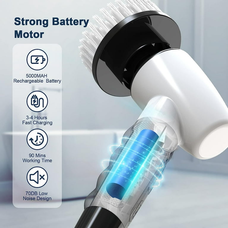 Cordless Electric Spin Scrubber,Cleaning Brush Scrubber for Home,  400RPM/Mins-8 Replaceable Brush Heads-90Mins Work Time,3 Adjustable Size,2  Adjustable Speeds for Bathroom Shower Bathtub Glass Car 
