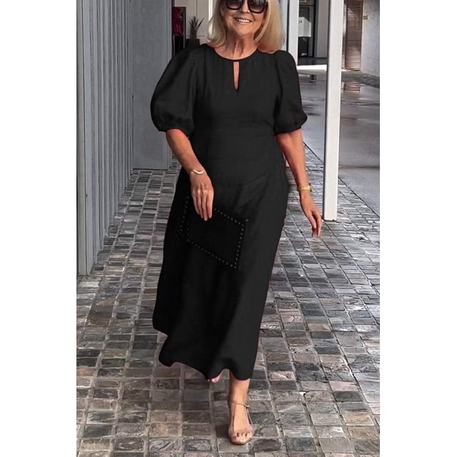 JUNWELL Robe Longue Décontractée en Coton Lin à Manches Bouffantes pour Femmes Été Ample Col Rond Élégante Robes de Soirée Ensemble Femme