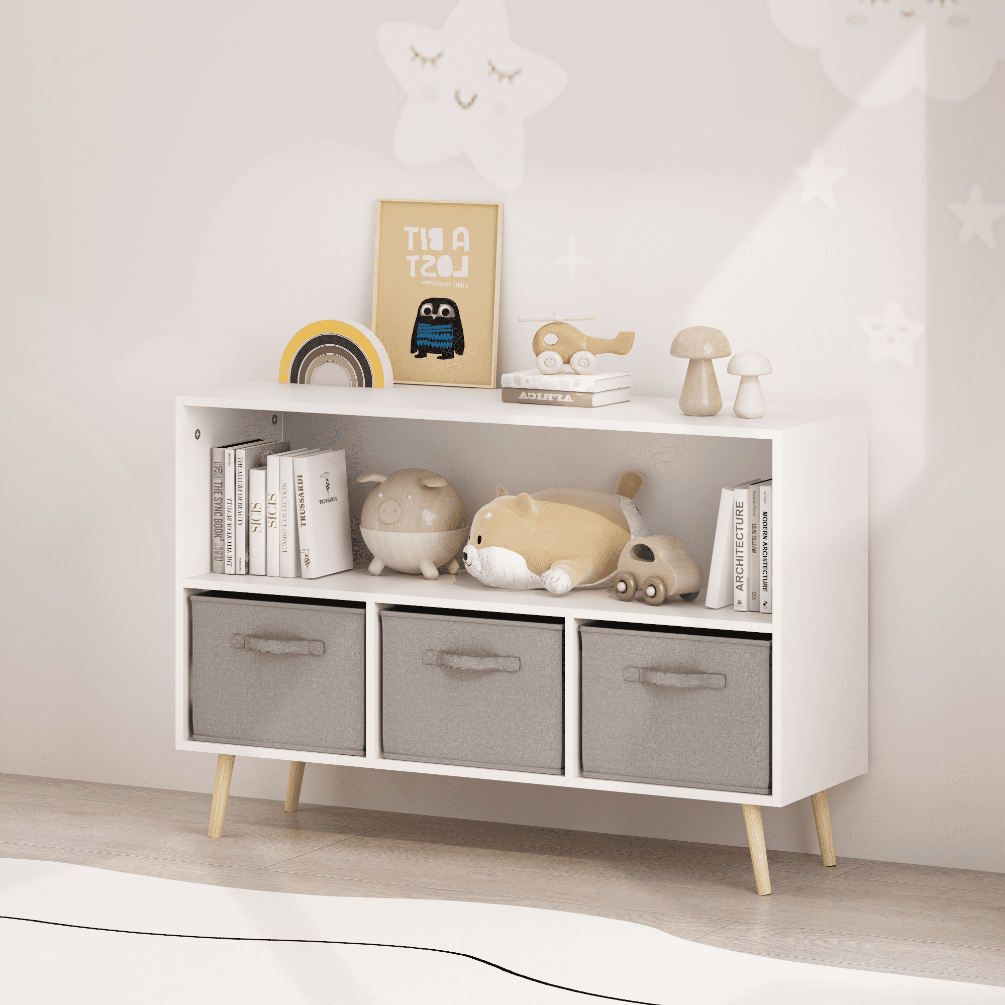 Kids bookcase with Collapsible Fabric Drawers, Children's Book Display, Toy Storage Cabinet Organizer, White/Gray