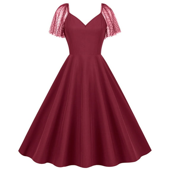 DISKEBUISS Women's A-Line Dresses Dressy V Neck Lace Short Sleeve Maxi Dress for Evening & Party Wear