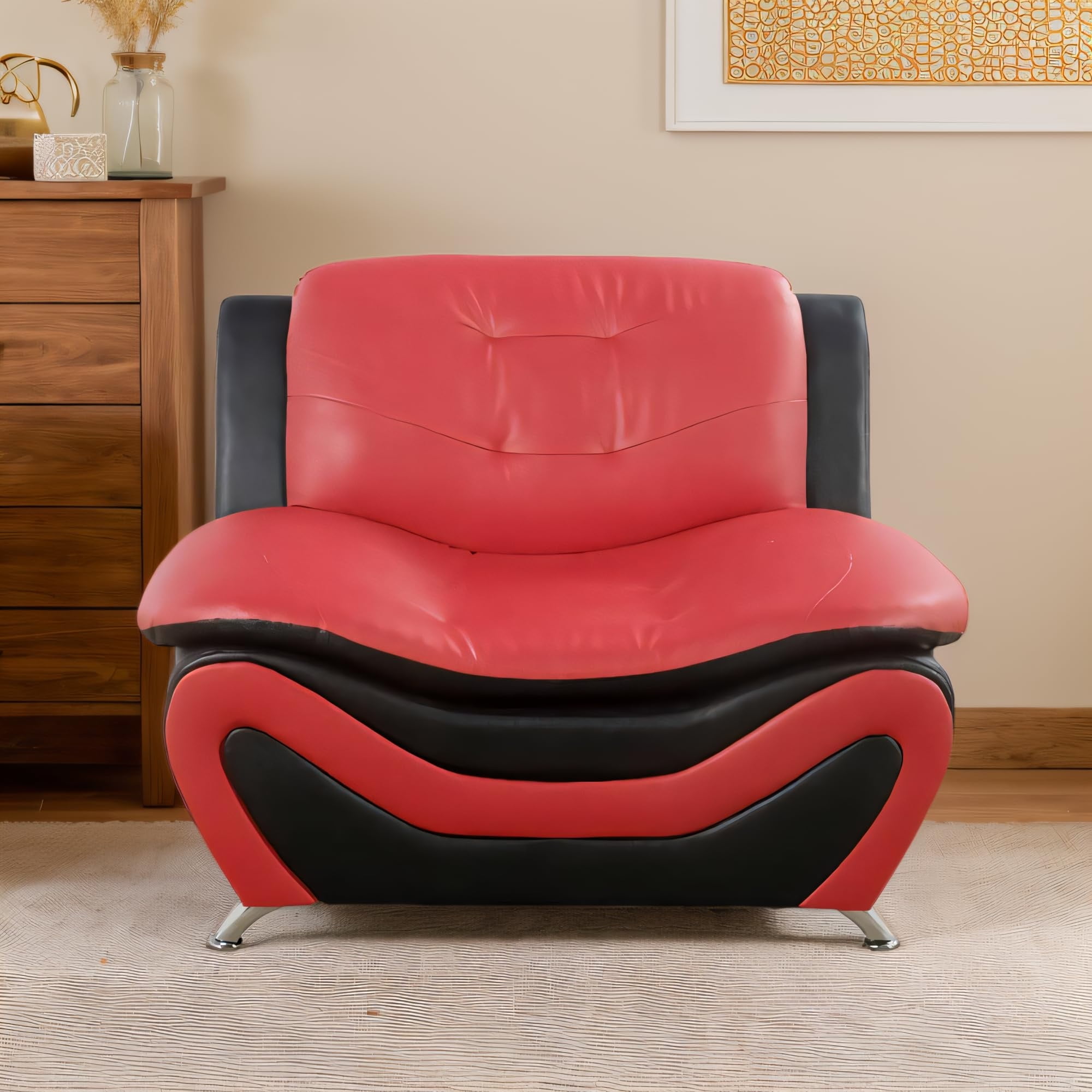 Aukfa 3 Piece Sofa Set - 42" Wide Upholstered Couch Armchair, Leather, Black&Red