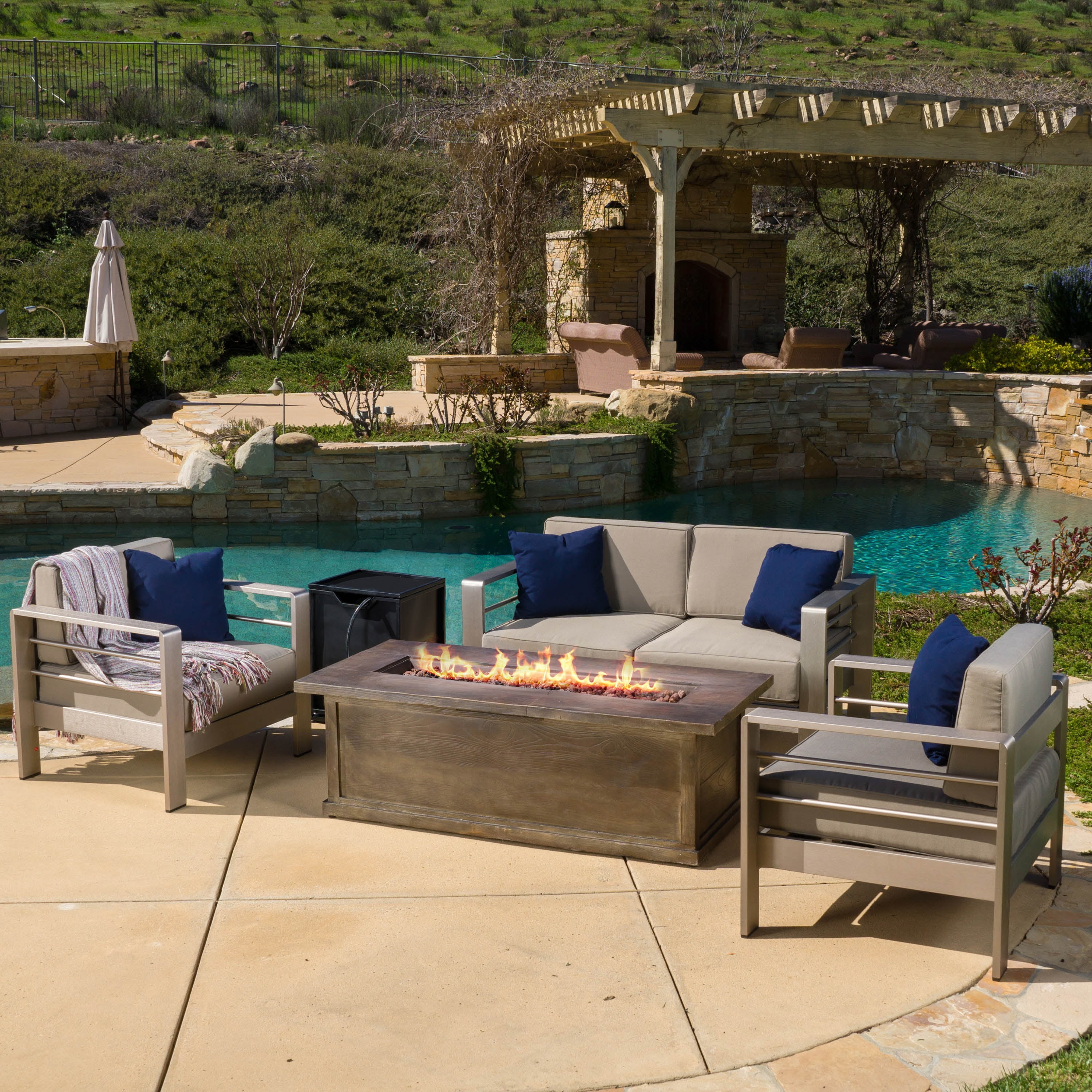 Miller Outdoor Aluminium Chat Set and Brown MGO Fire Table with Tank Holder, Khaki, Silver, Black