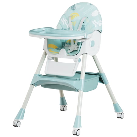 CHAOFEI 6-in-1 Convertible Baby High Chair for Toddlers, Portable Dining Chairs Eat & Play with Removable Tray, Footrest, Wheels & Safety Belt, Double-Layer Dinner Plate and Toy Rack, Cyan