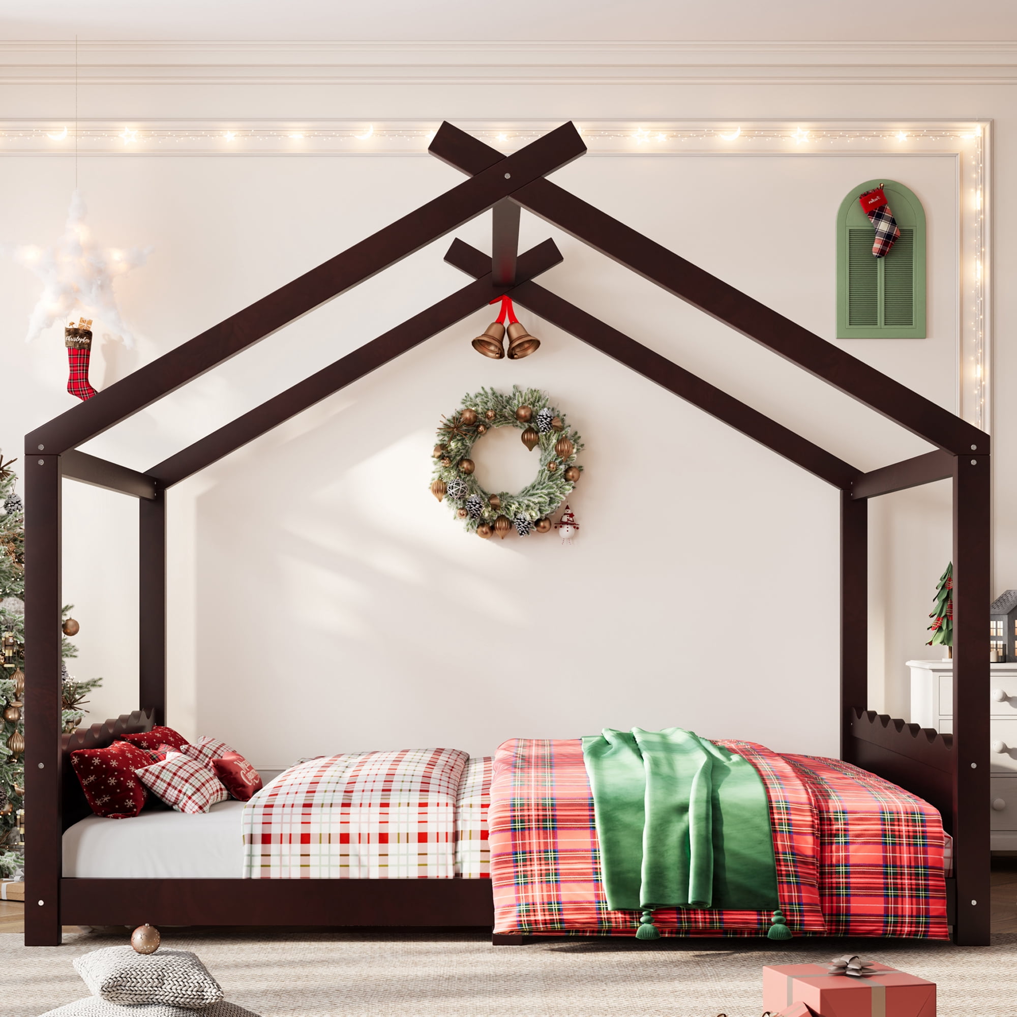 Leumius Queen Size House Shape Bed,Montessori House Bed Solid Wood Floor Bed for Kids,No Box Spring Needed,Espresso