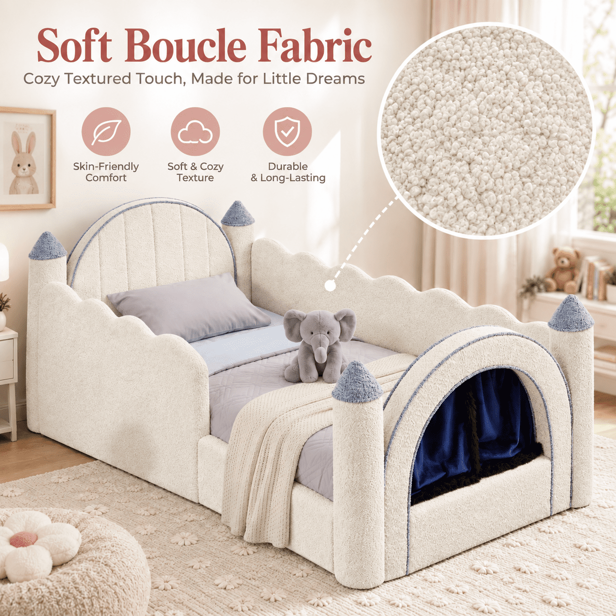 Wakefit Twin Size Castle Bed with Safety Guardrails & Curtain,Boucle Upholstered Kids Bed Solid Wood Frame,Cute Daybed for Bedroom,Camel