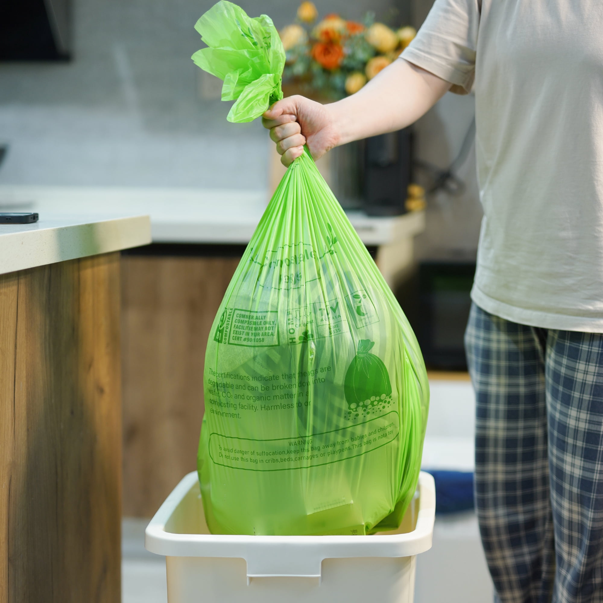 JENCENBIO Compostable garbage bags, 33 Gallon, Extra Thick, 28 Micron Food scrap waste bags with US BPI ASTM D6400 and Europe OK compost HOME Certified