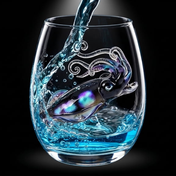 Artisanal Blue Ringed Octopus Glassware,2D Octopuses Stemless Wine Glasses, Handcrafted Marine Animal Bar Glass, Home Decor Gift for Coastal Lovers (Cuttlefish)