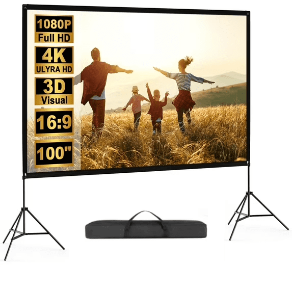 100" Projector Screen with Stand, Foldable Portable Movie Screen, 16:9 HD 4K Wrinkle-Free Indoor Outdoor Projector screens for Backyard Home Theater
