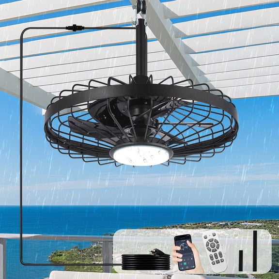 20" Waterproof Outdoor Ceiling Fan with Light - IP44 Plug-in, Remote/App Control, 6-Speed Black for Gazebo, Patio, Pergola