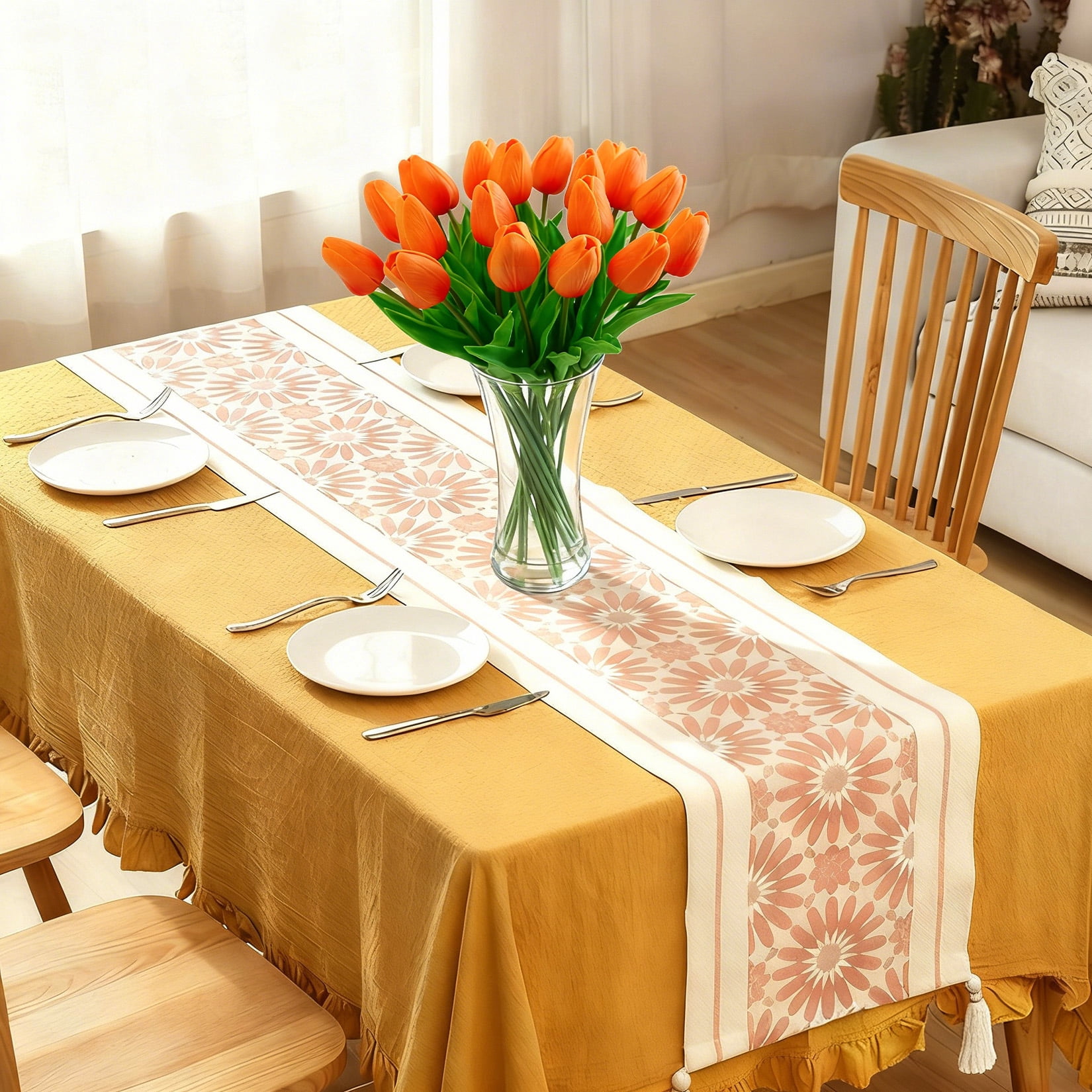 20 Pcs Artificial Real Touch Tulips Flowers in Glass Vase, Orange Tulip Arrangement with Faux Water for Dining Table Home Decor Wedding Centerpieces