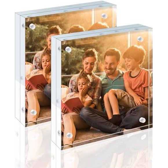 4x4 Acrylic Frames 2 Pack, 20mm Thicker Frameless Clear Picture Frames, Double Sided Magnetic Picture Frames, Free Standing Desktop Display 2 4x4