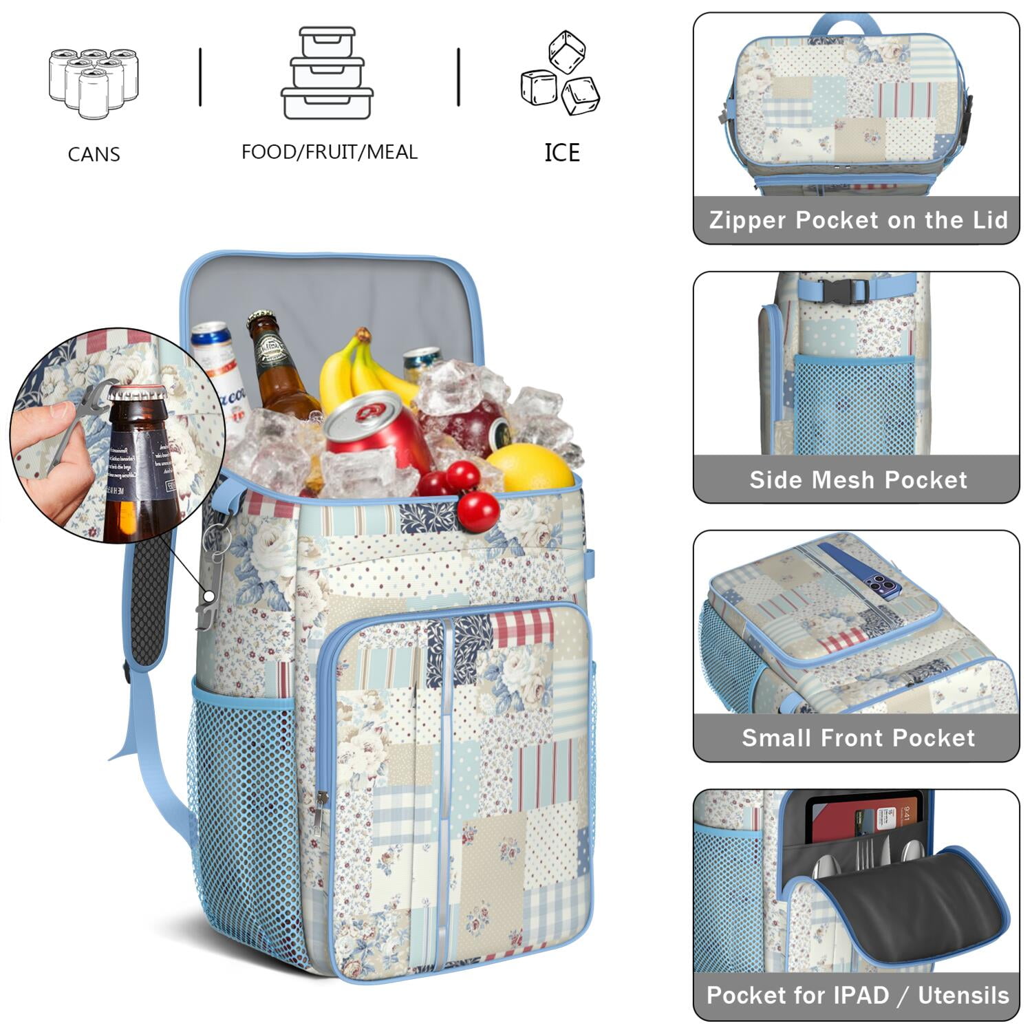Travel Cooler Bag - Pioneer Flower Floral Print Pattern Camping Beer Cooler Backpack with Bottle Opener- Waterproof Insulated Picnic Backpacks - Cooler Bag for Beach